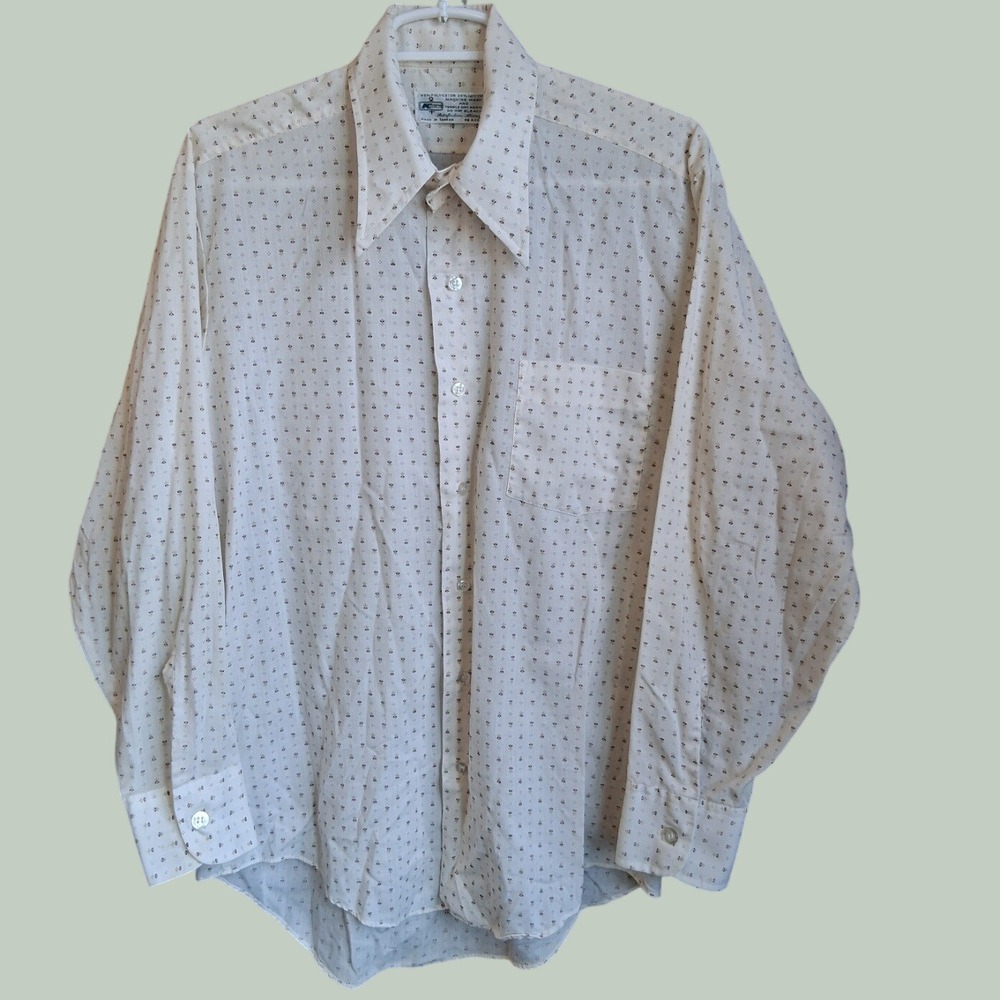 True Vintage Kmart Mens Button Up Dress Shirt Cream Micro Print 15.5-33 Perfect